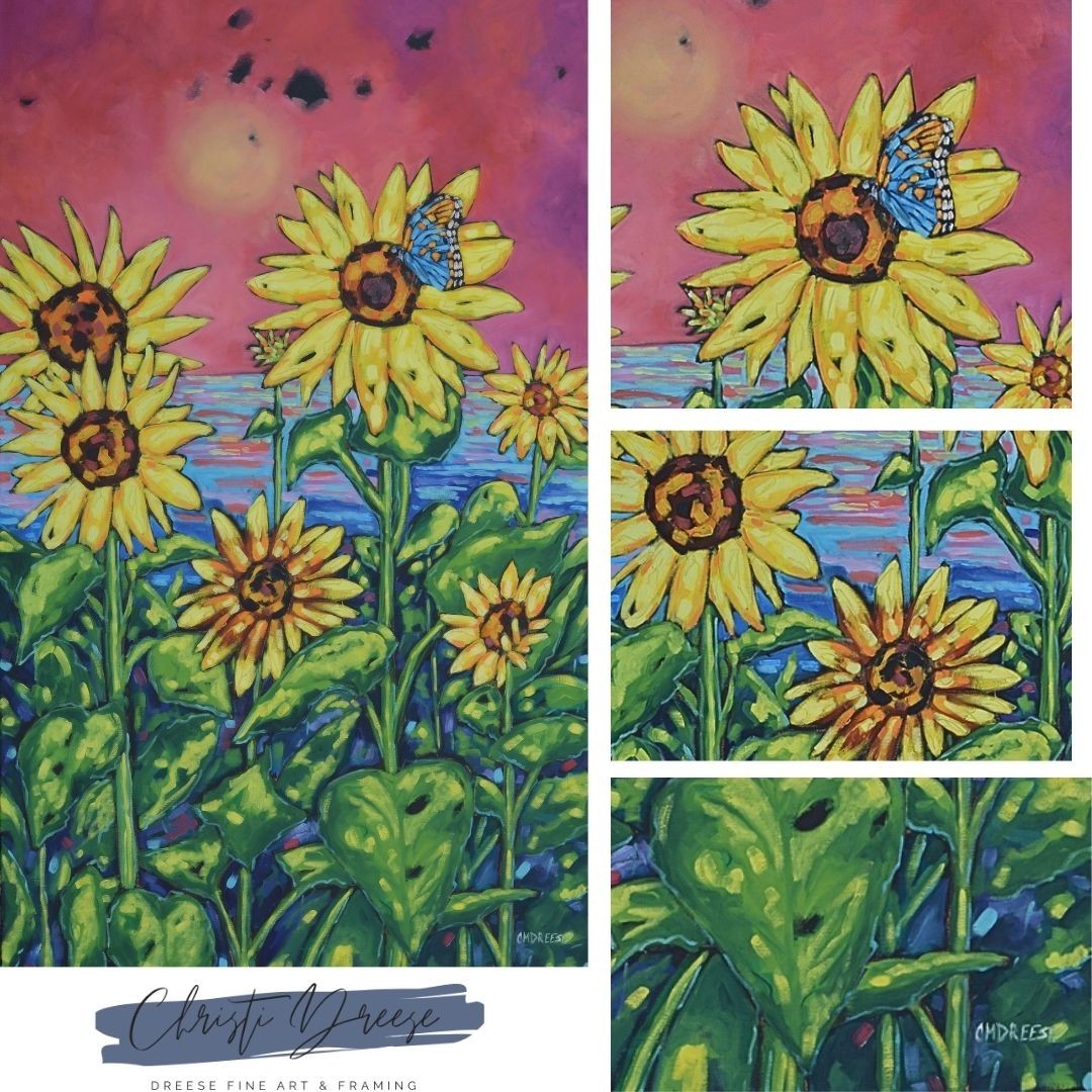 Original Oil Painting Sunflowers Lake Michigan Butterfly 36×60 Christi Dreese