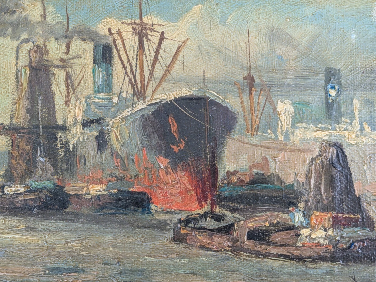 Small Impressionism Oil On Canvas Of Rotterdam Harbor – Adrie Verveen 1912-1988