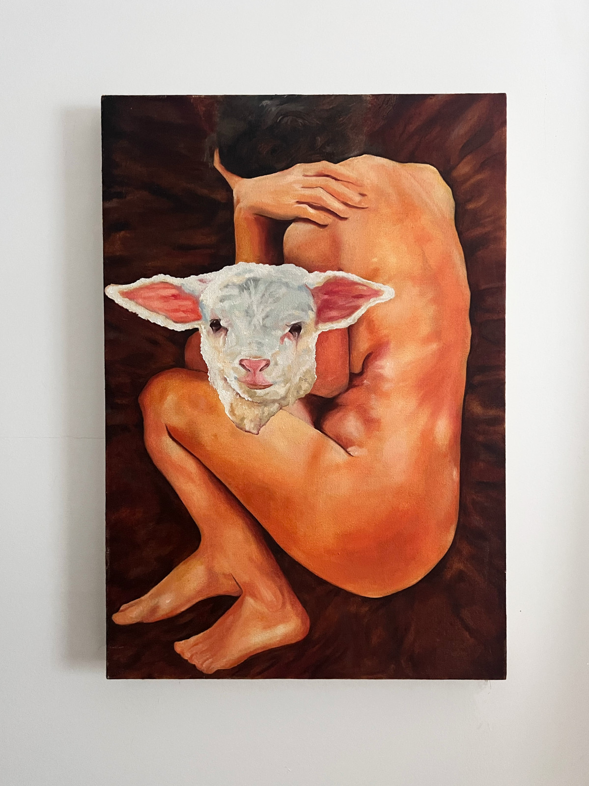 original oil painting realism figure animal head lamb 16×24