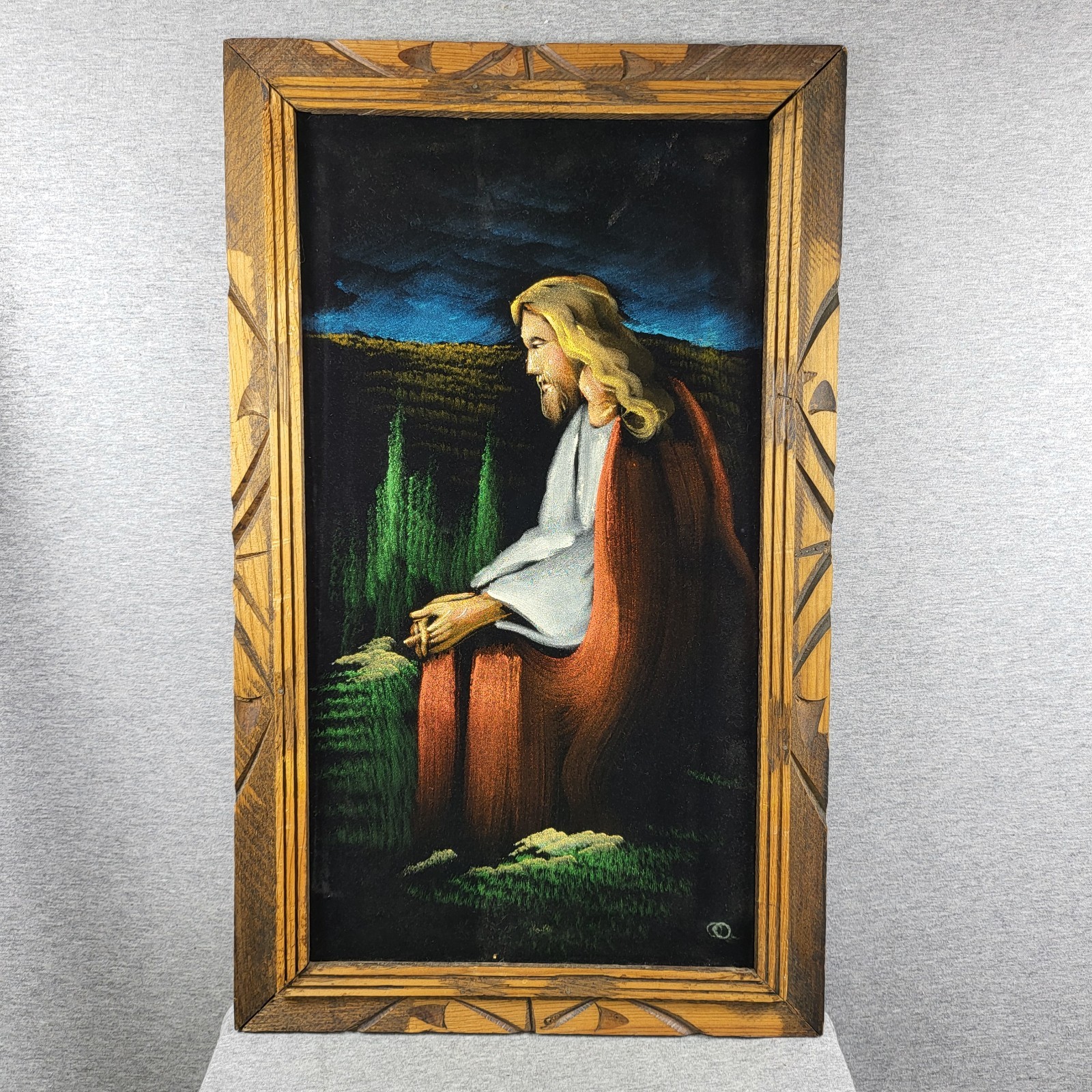 Jesus Christ Praying BLACK VELVET Painting Religious Folk Art MCM Framed Vintage