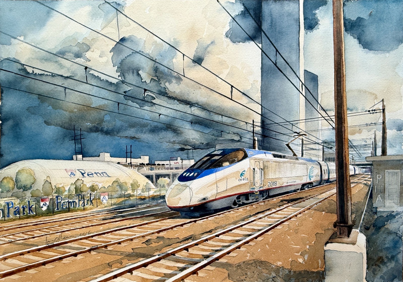 Amtrak Acela at Penn Park, U Penn, Phila. PA. James Mann original train painting