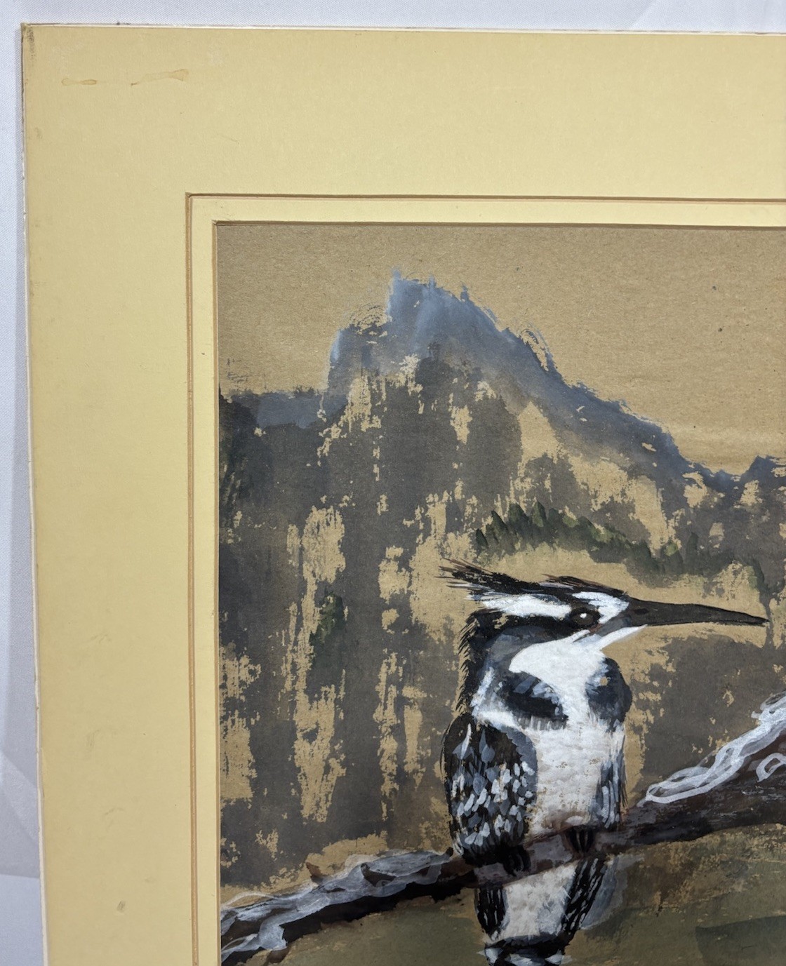 Vintage Original Asian Style Pied Kingfisher Ink Watercolor Painting Signed