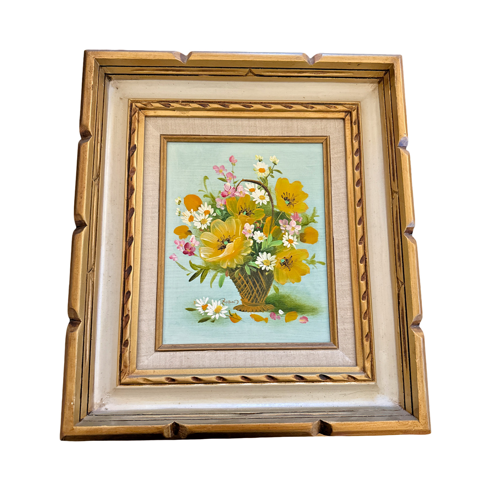 Vintage Factory Art Floral Painting Signed Linen Mat Layered Gold Frame