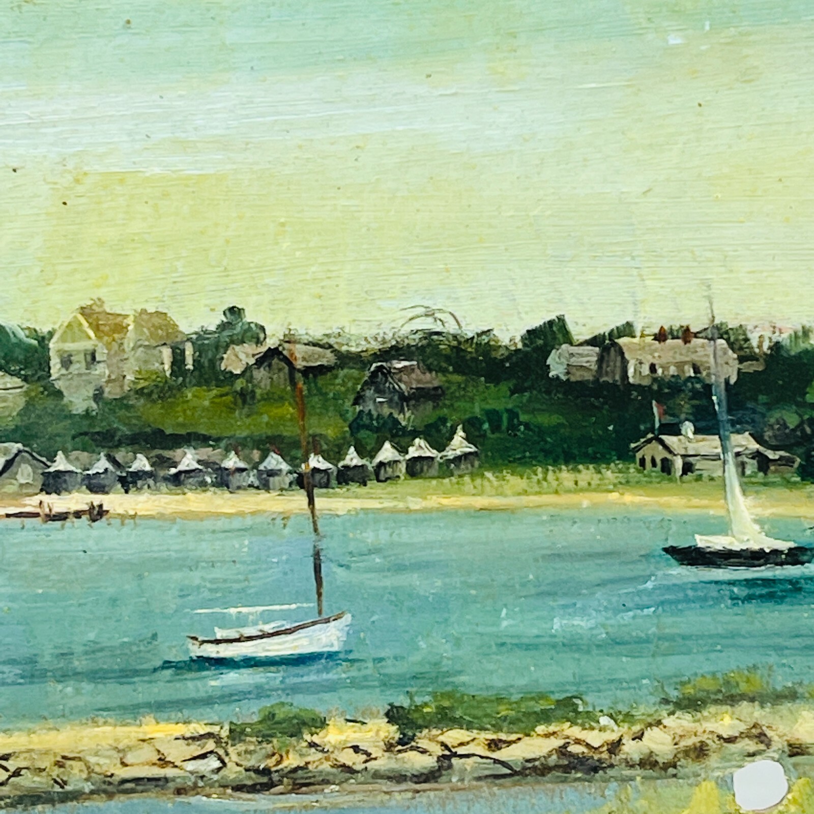 1982 Vineyard Harbor View Painting On Slate Martha’s Vineyard Signed Beth Boats