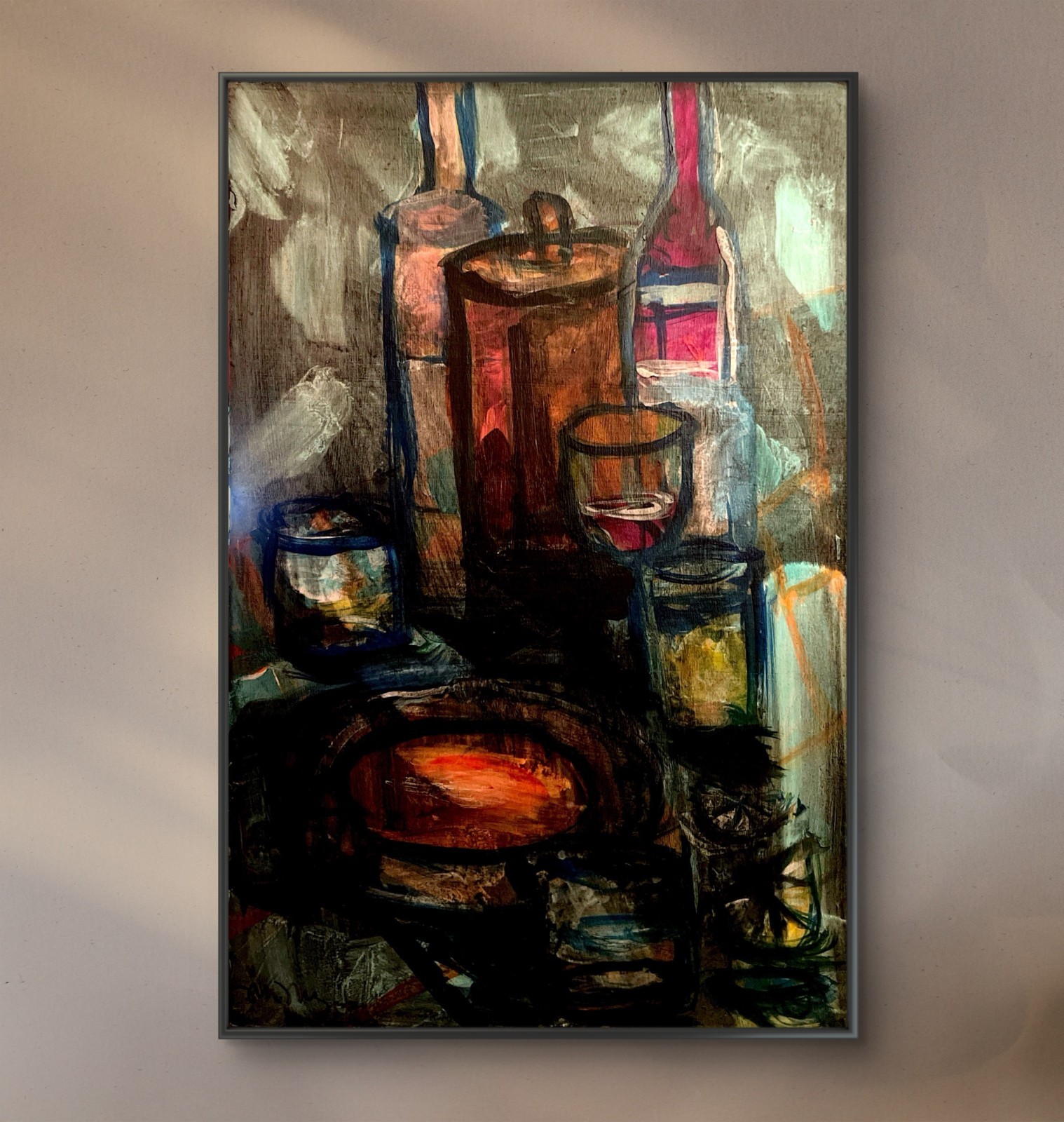 Mary Myers Original Still Life Bottles Acrylic Painting on Wood Expressionist