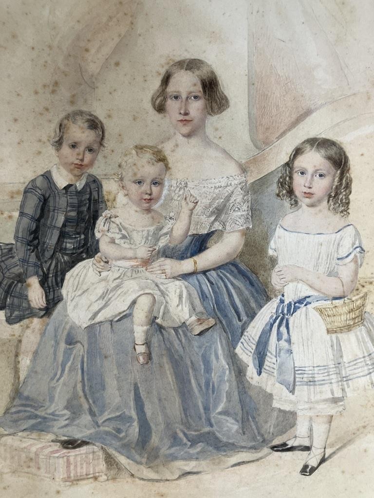 ANTIQUE WATERCOLOUR PAINTING Charming Family Portrait By WOOLNOTH 1852