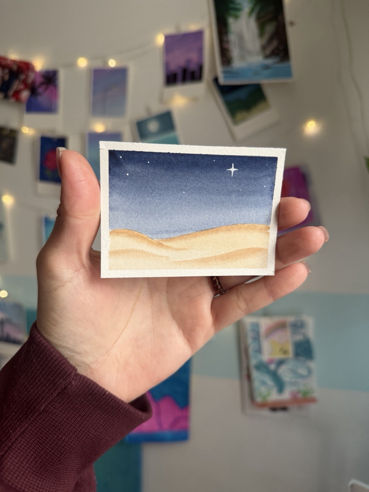 Original ACEO Starlit Dunes Night Desert Landscape Starry Sky 2.5×3.5