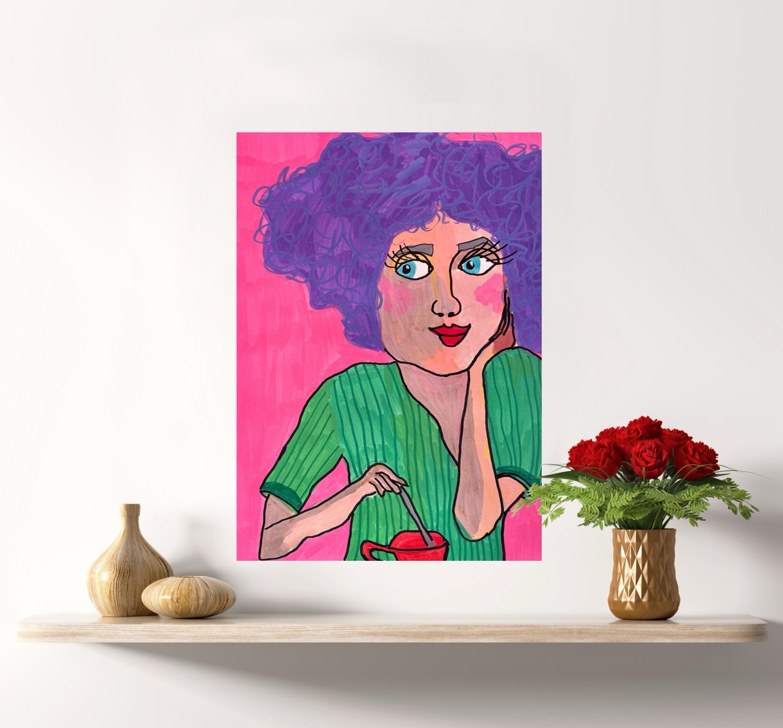 Pink Purple Green Coffee Woman Portrait Calm Girl original artwork by artist