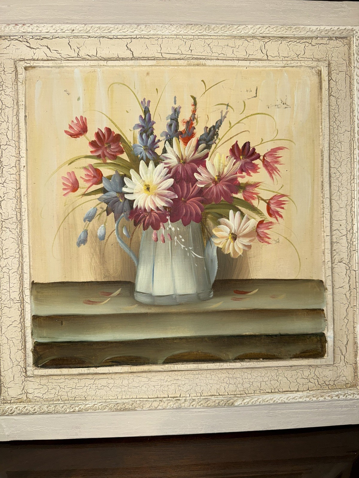 Vtg framed still life painting Floral arrangement; country, cottagecore wall dec
