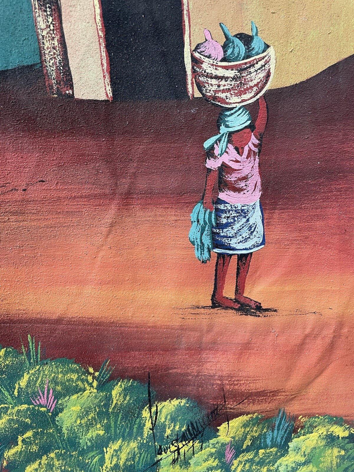 Original Haitian oil hand painting 40inx21in haitian village people working