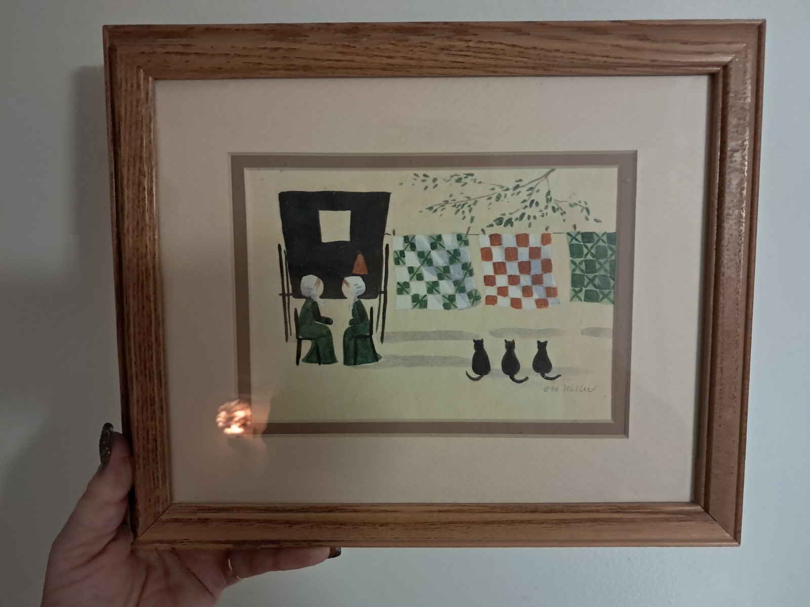 Framed Watercolor Folk Art- Amish Quilting Black Cats, Signed Artist Miller 1994