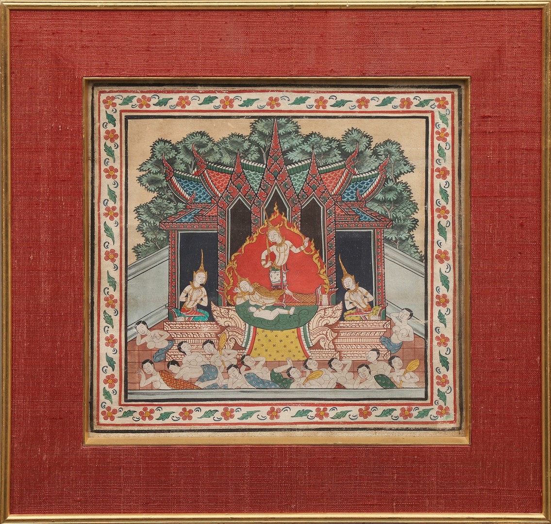 Superb Antique Luxurious Thai Watercolor & Ink “Birth of Prince Siddhattha”