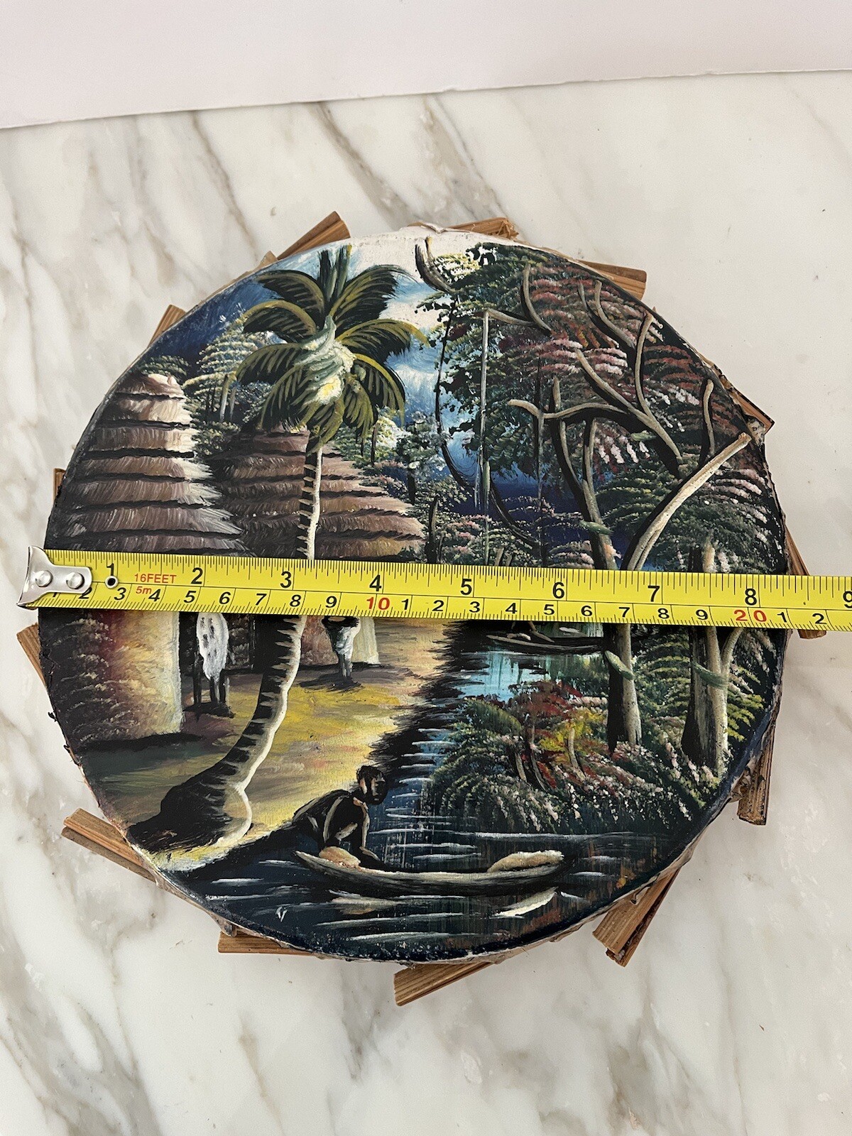 African Painting Painted Leather Drum Hide Clay Ring Waterfall Wall Art Boho