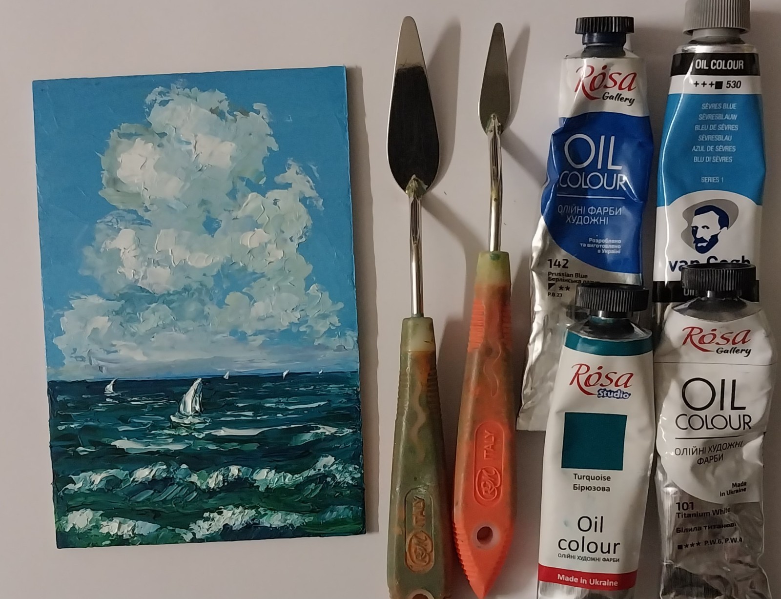 Framed Sailboats Art Cloudy Sky Seascape 4×6 inch Impasto Oil Painting Original