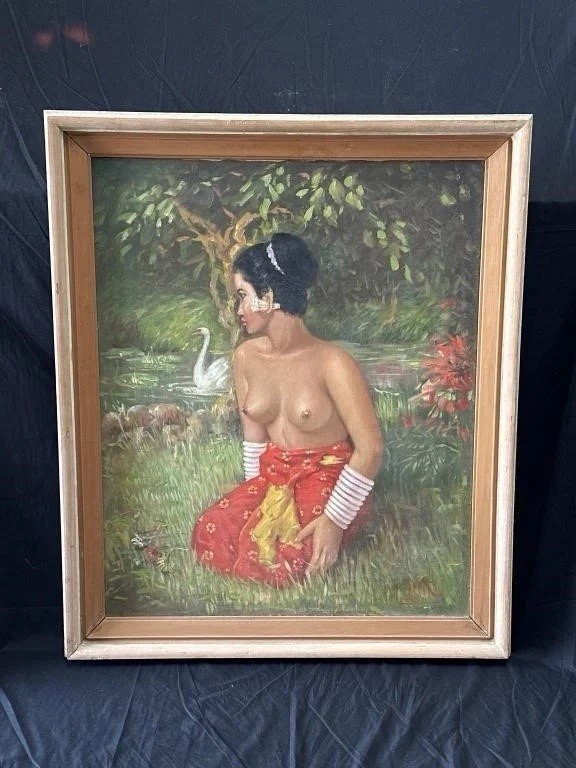Vintage Signed Oil Painting Balinese Woman Portrait Bali School Nude Framed