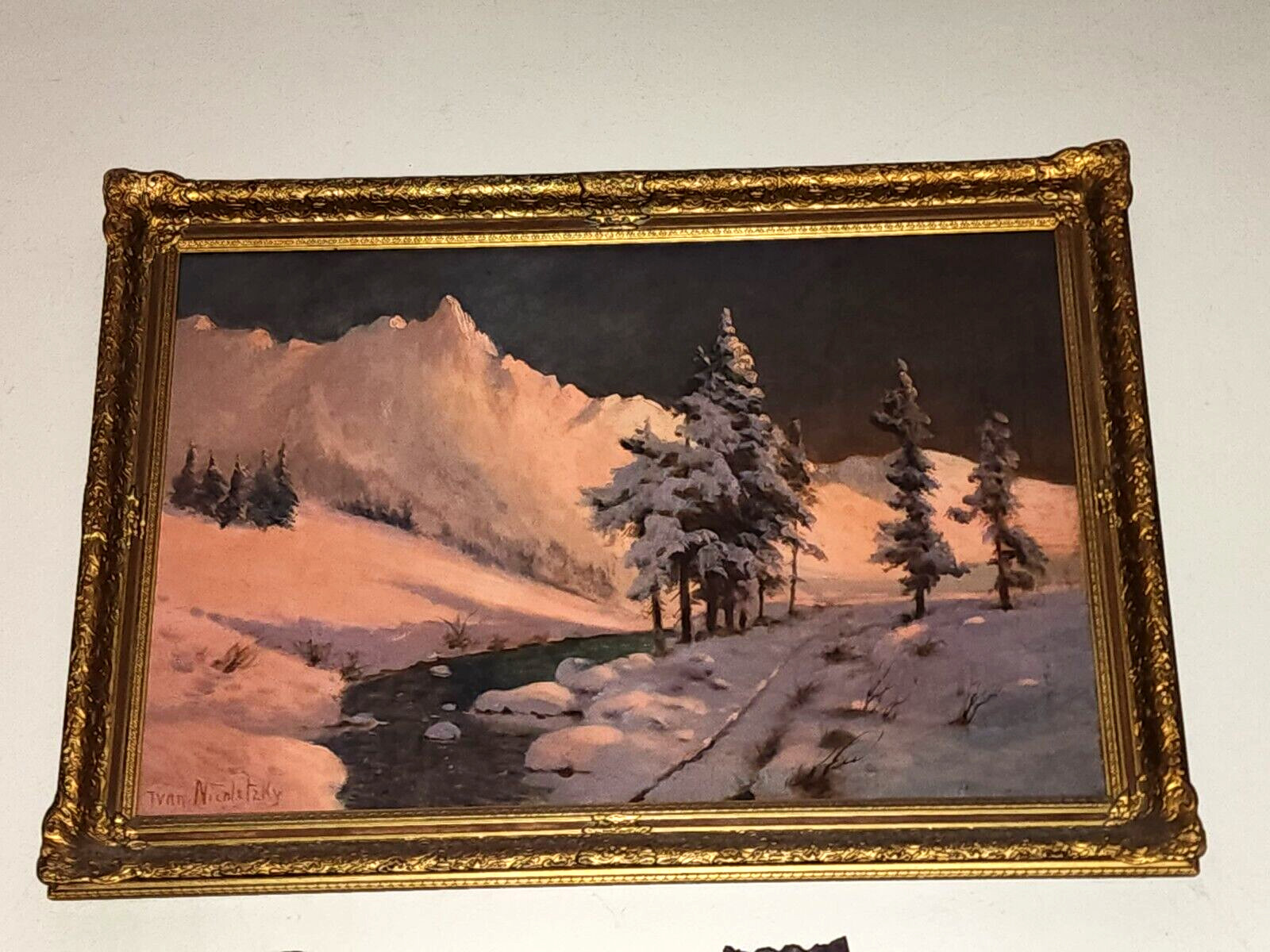 Russian Artist Ivan Nicoletzky Snowy Painting Red Sunset Mountains in the Snow