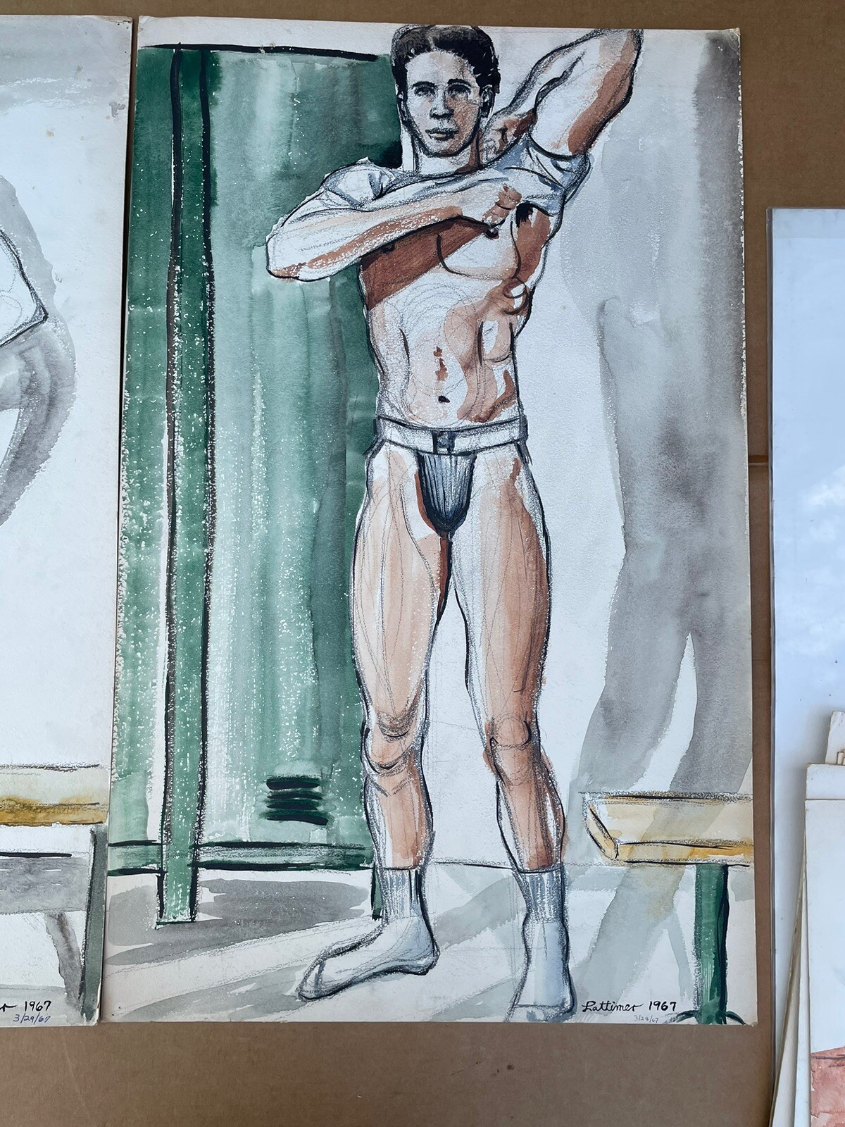 1960s GAY INTEREST ORIGINAL WATERCOLOR PAINTINGS LOCKER ROOM MEN 32×20 LATTIMER