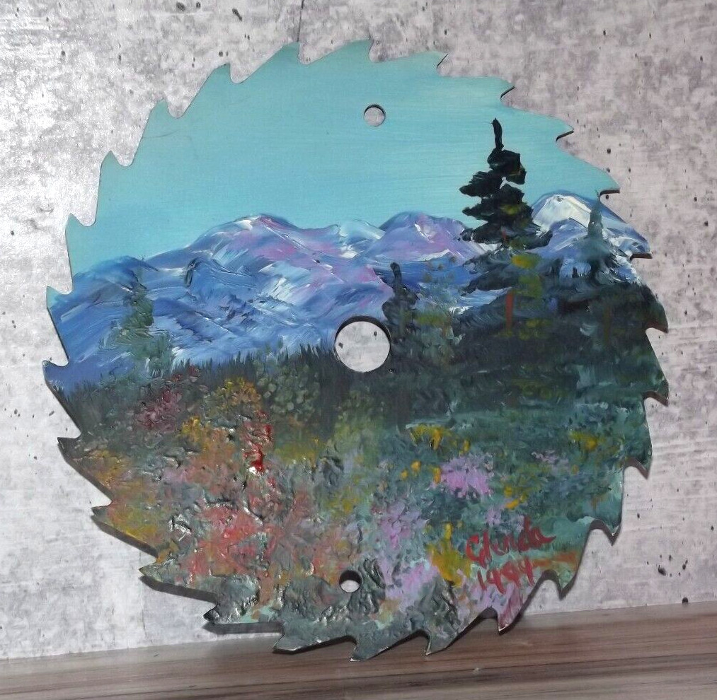 Mountain Landscape Scene Painting on 7″ Saw Blade signed Glenda 1994 Vintage