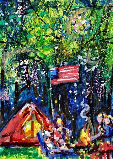 ORIGINAL ACEO Painting FIREWORKS 4th July Camping Fire People USA Flag ATC ART