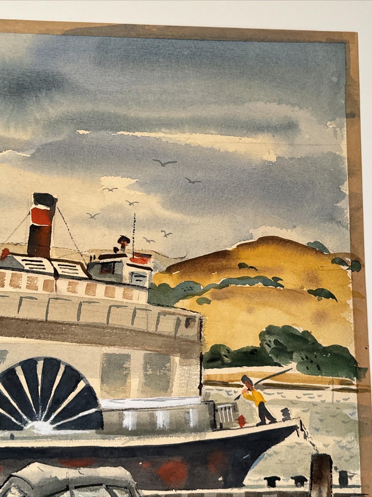 California Regionalist Painting Ferry Boat Dock Classic Car Landscape Vintage