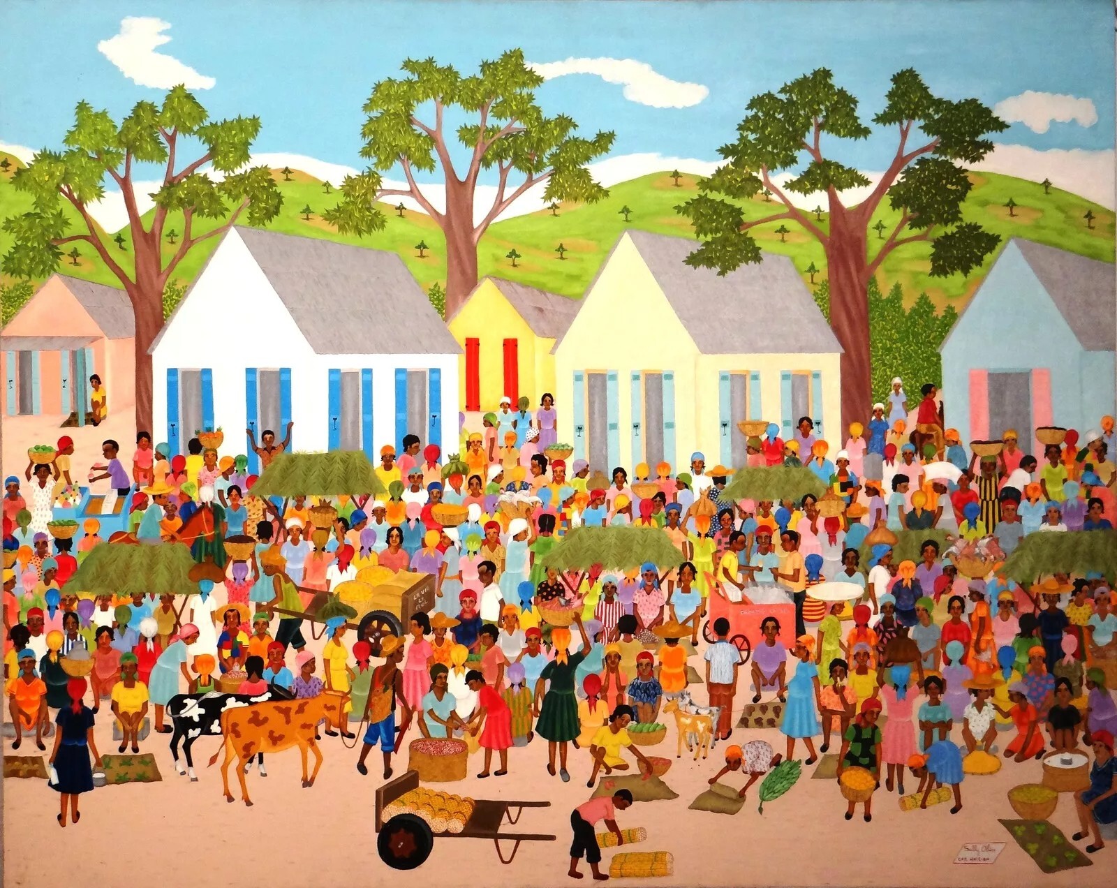 Vintage Haitian Master Oil on Canvas “The Marketplace” Sully Obin 1980s REPRINT