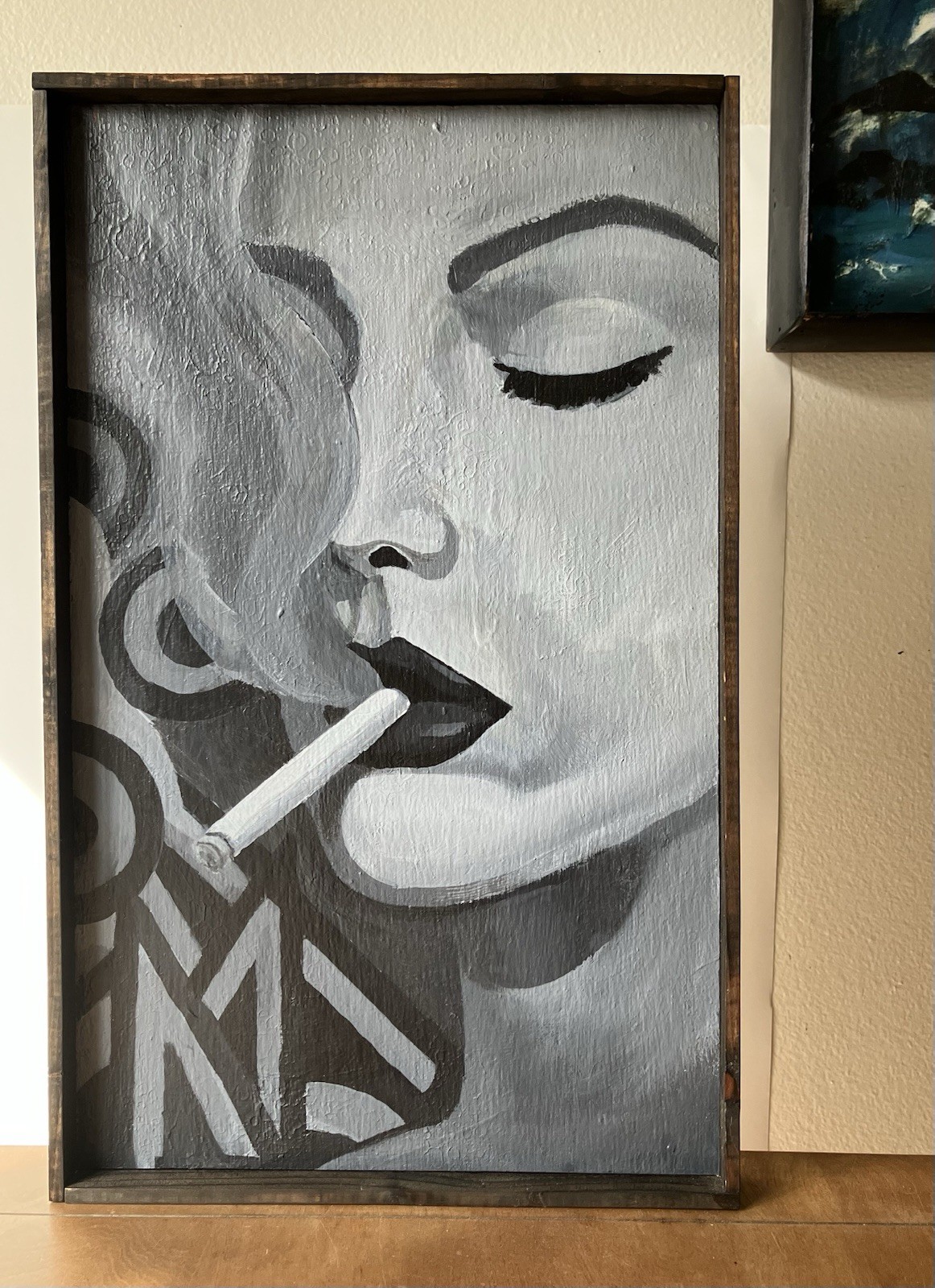 woman smoking painting art acrylic framed black & white cigarette signed 1994