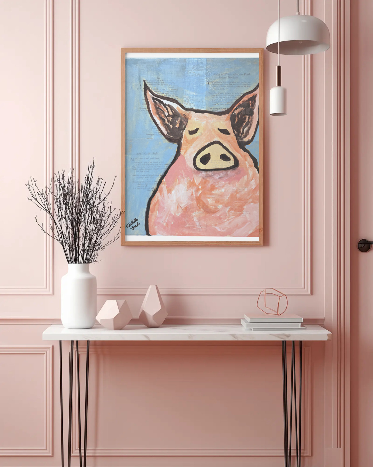 Original Outsider Folk Art Pig Painting Close Up Vintage Paper Collage wall art