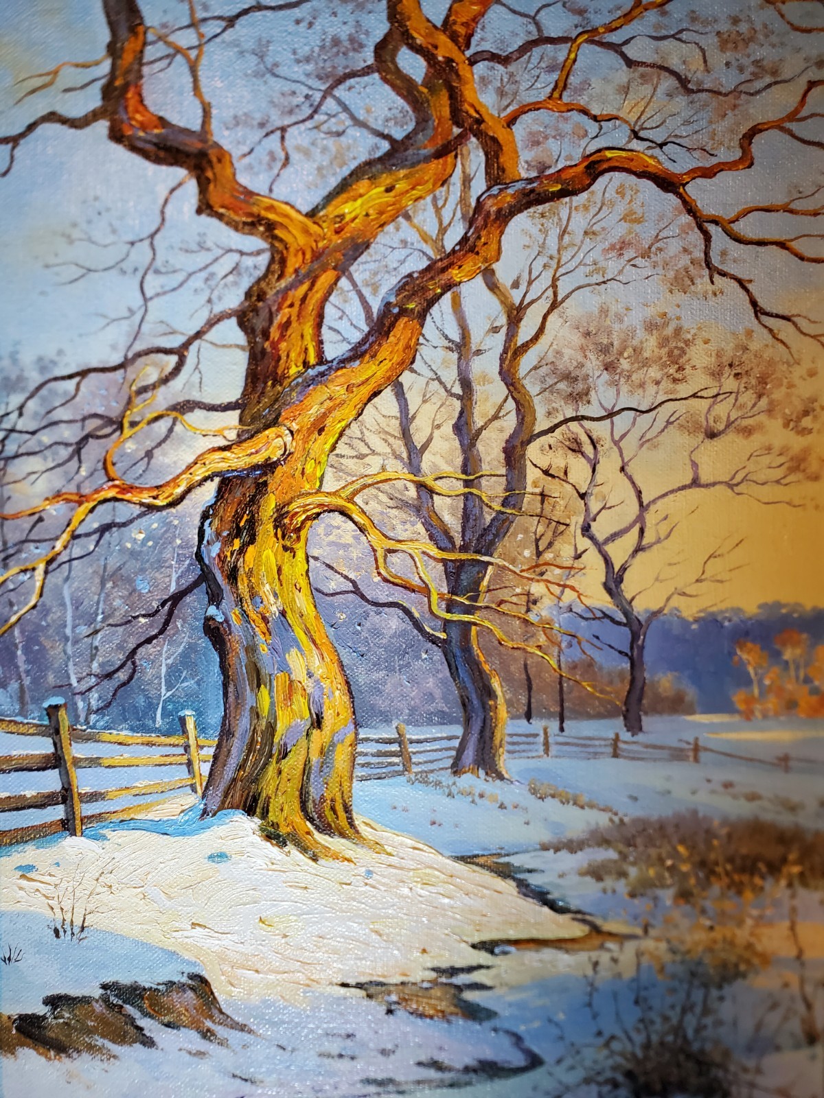 Original Oil Art Framed winter landscape painting with trees and bright blue sky