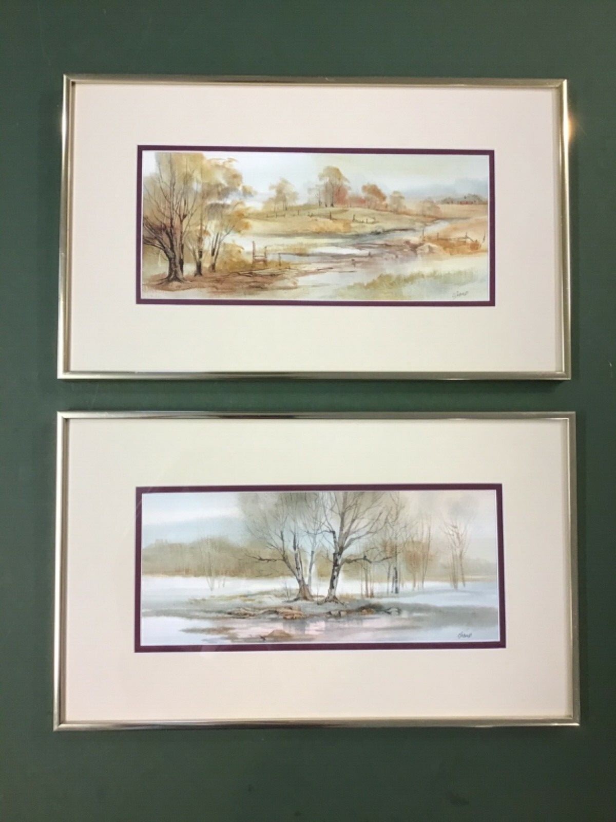 Pair Of Listed Maine Artist Carol Sebold Watercolor Landscapes Identically Frame