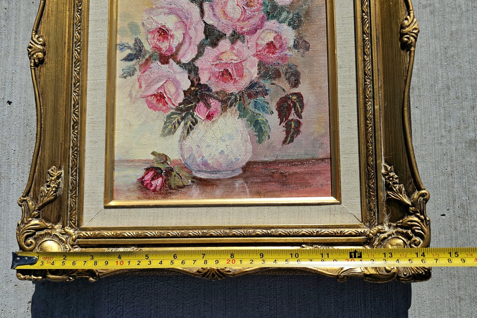 Vintage Floral Still Life OIL PAINTING Pink Roses SIGNED Ornate Gold Gilt FRAMED