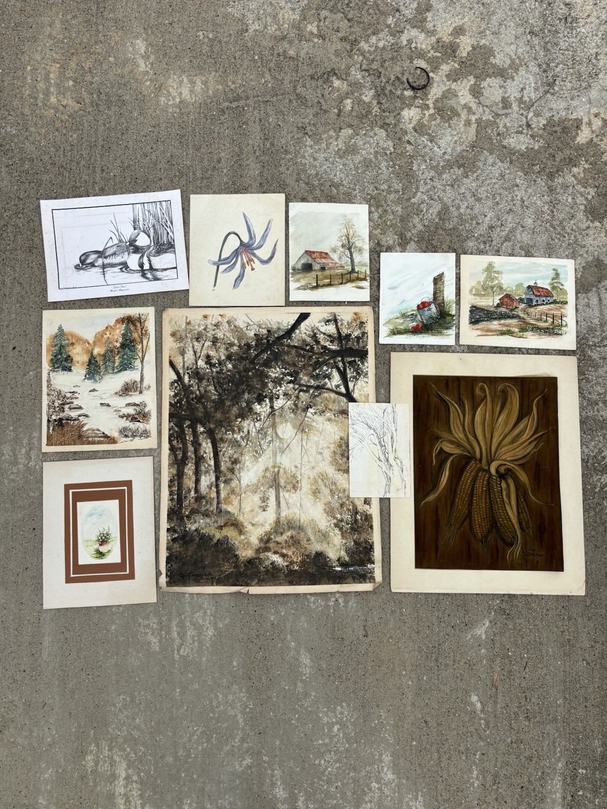 Vintage Original Painting Lot Watercolor Landscape Folk Art Signed Miniature