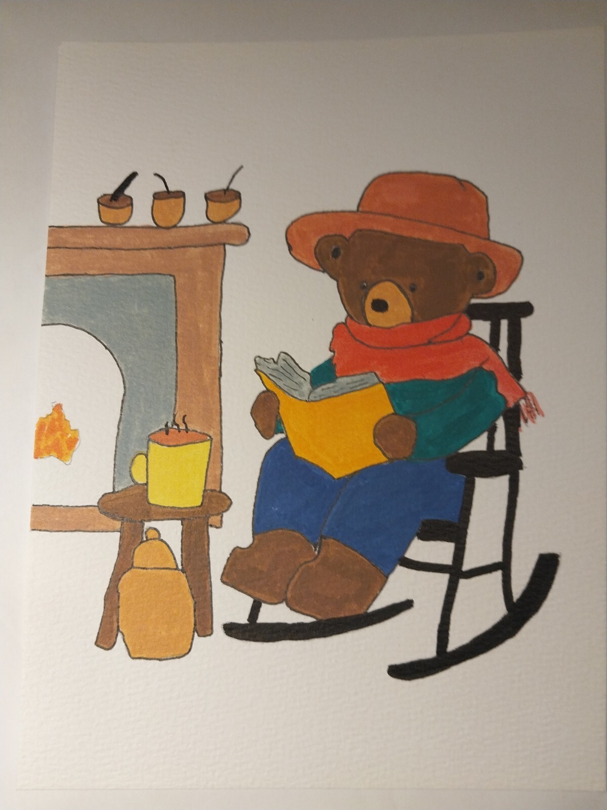 G.A.Titan Acrylic Painting IMPRESSIONISM bear On Rocking Chair By Fireplace