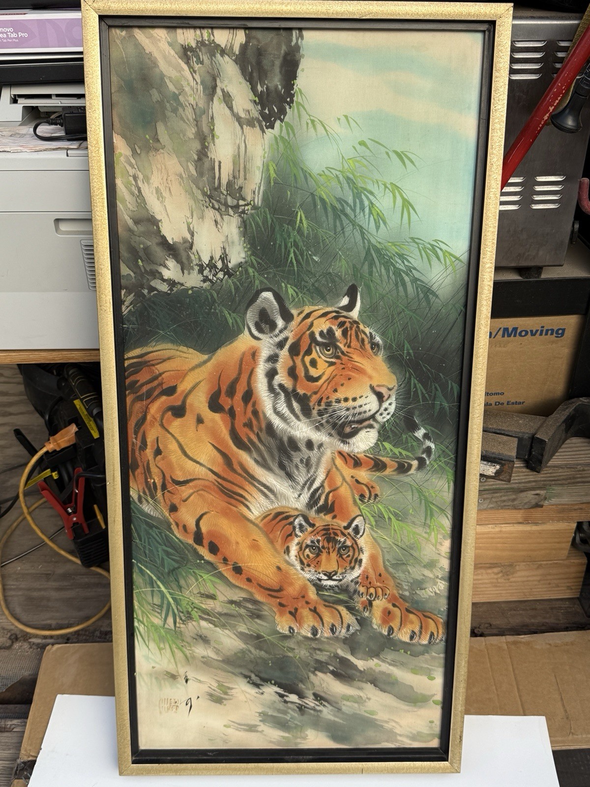Tiger Mother and Cub Watercolor Painting, Framed Realism Asian Style on Canvas
