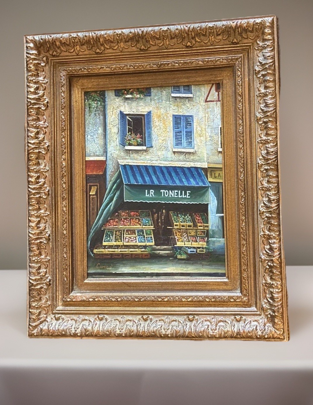 VTG Colorful French Village Business Fronts, 2 Acrylic Paintings Original Signed