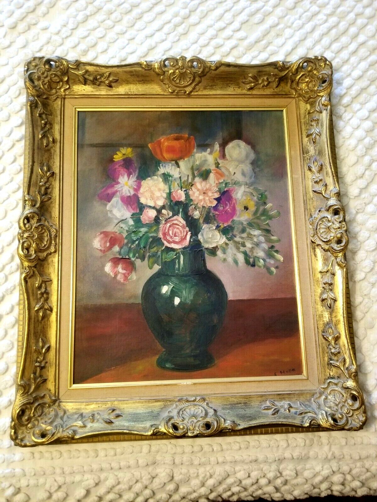 BEAUTIFUL O/B FLORAL STILL LIFE PAINTING FLOWERS IN VASE signed E HOPE ca 1940’s