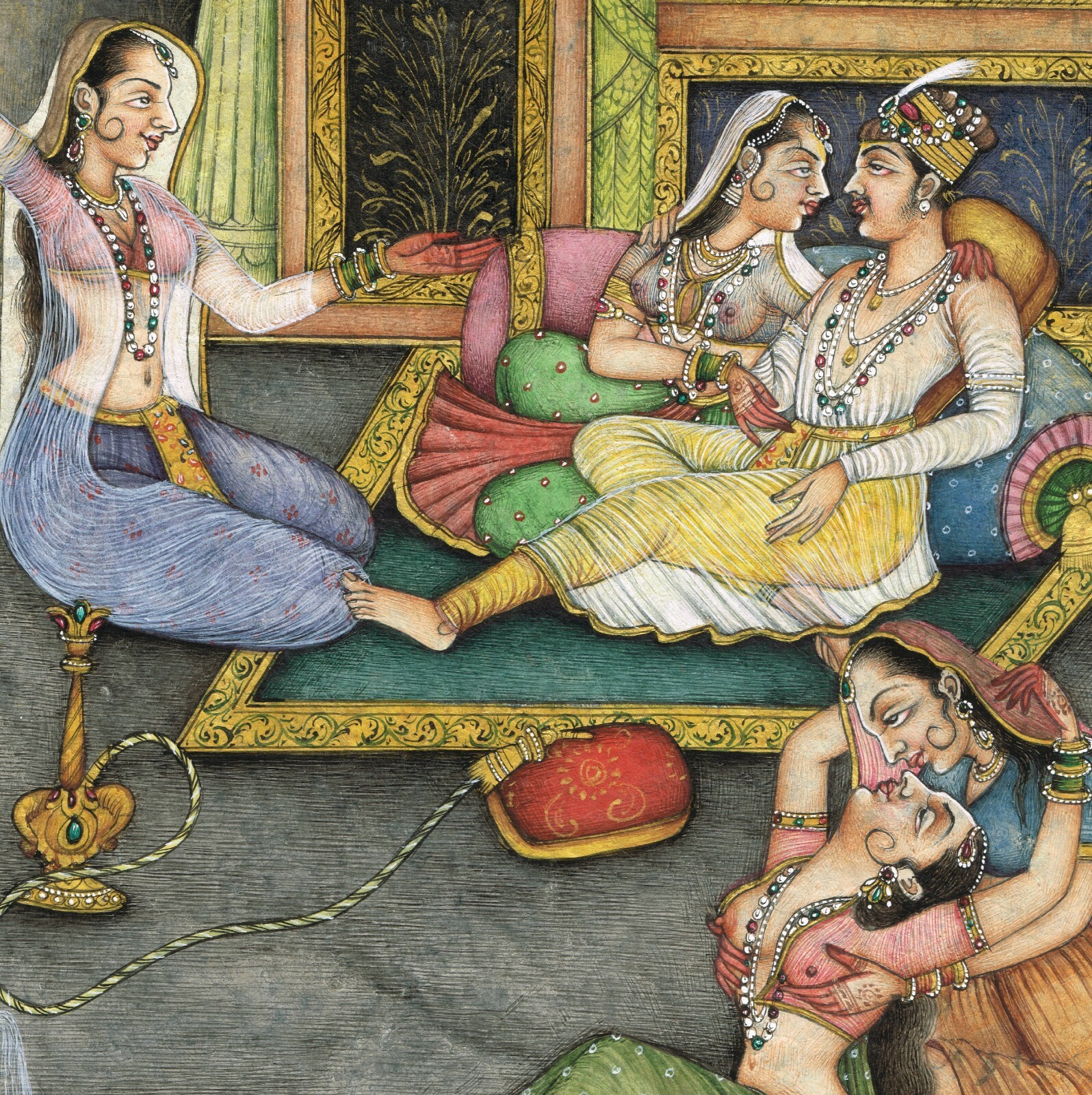 Indian Harem Art Painting A Mughal King With Women In Love Scene 11.25×8 Inches