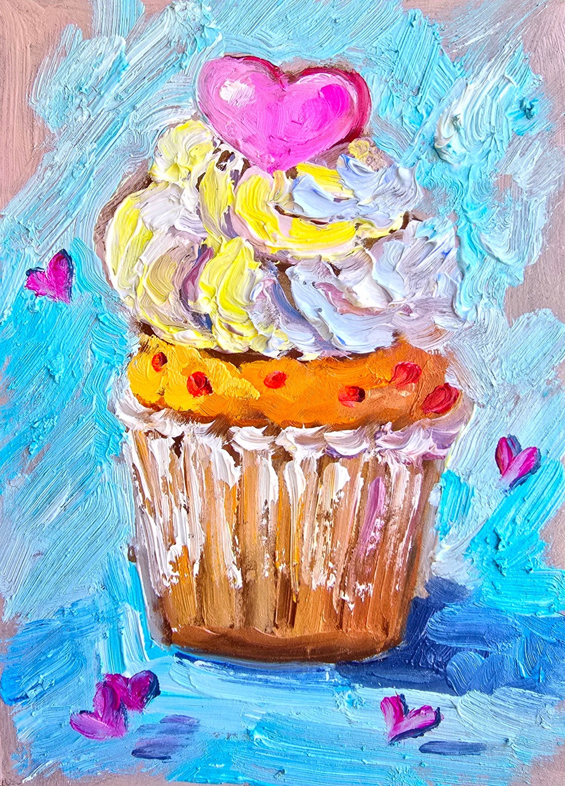 Muffin with Pink Heart Oil Painting 10x15cm Kitchen Original Painting on Painting Board