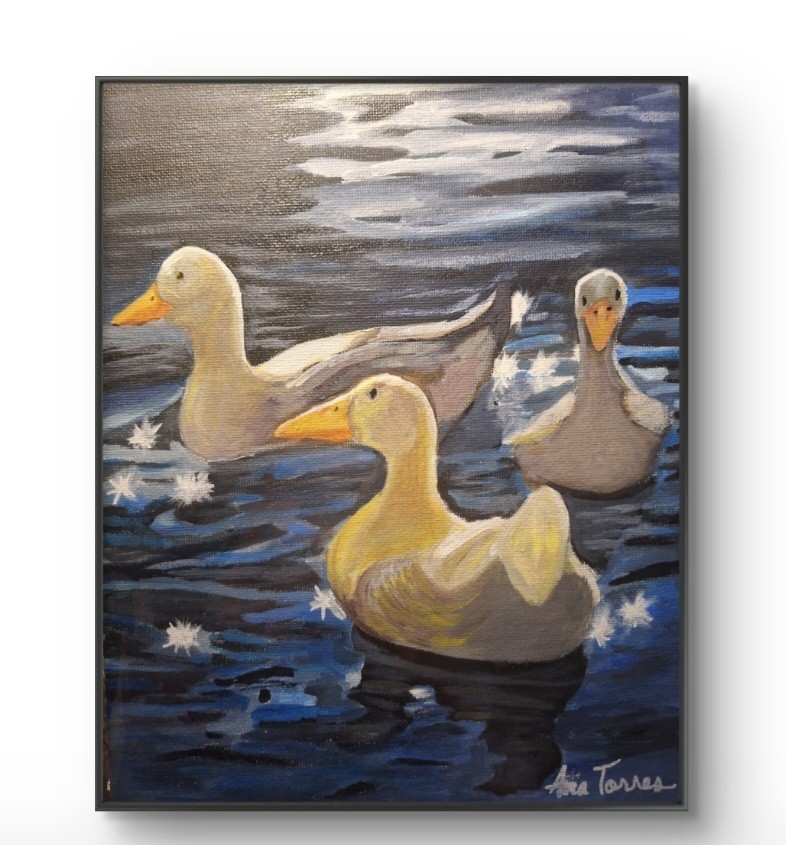 Modern Ducks Trio On The Pond 8×10 Canvas Panel Painting