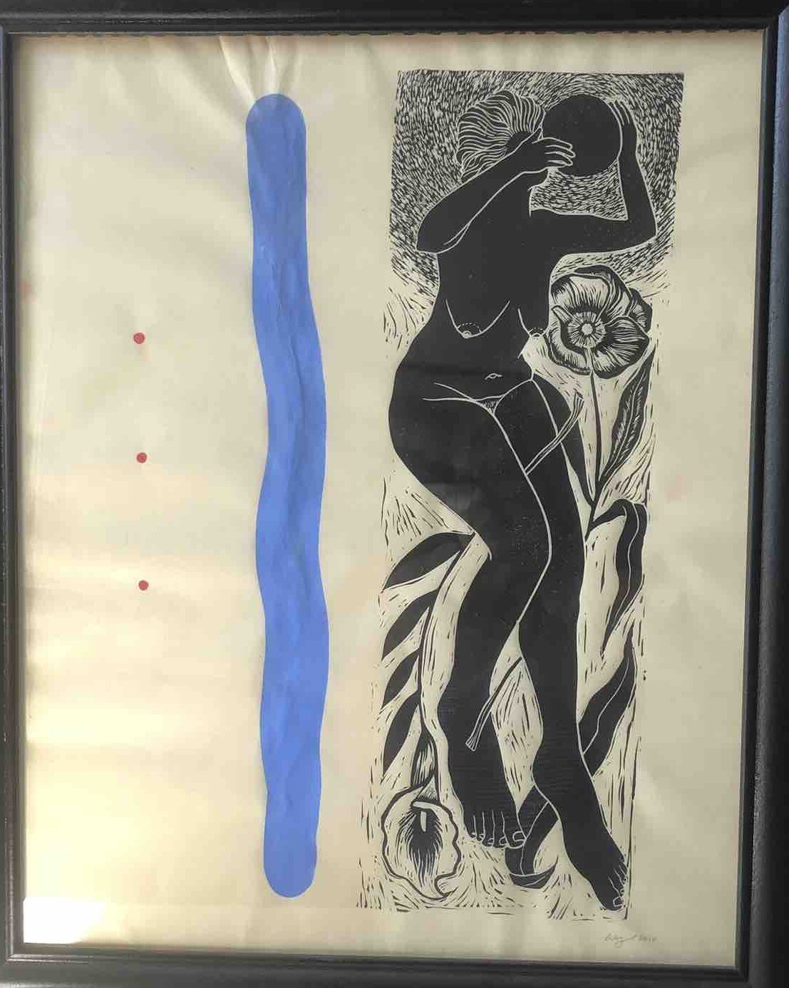 Original Art Linocut Print Of Nude Woman & Flowers Wall Hanging 18”x 22” Signed