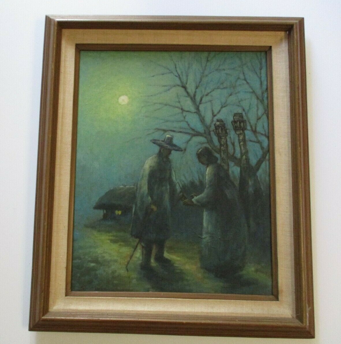 Mid Century Painting Night Moon Lit Landscape Figures Modernism Impressionism