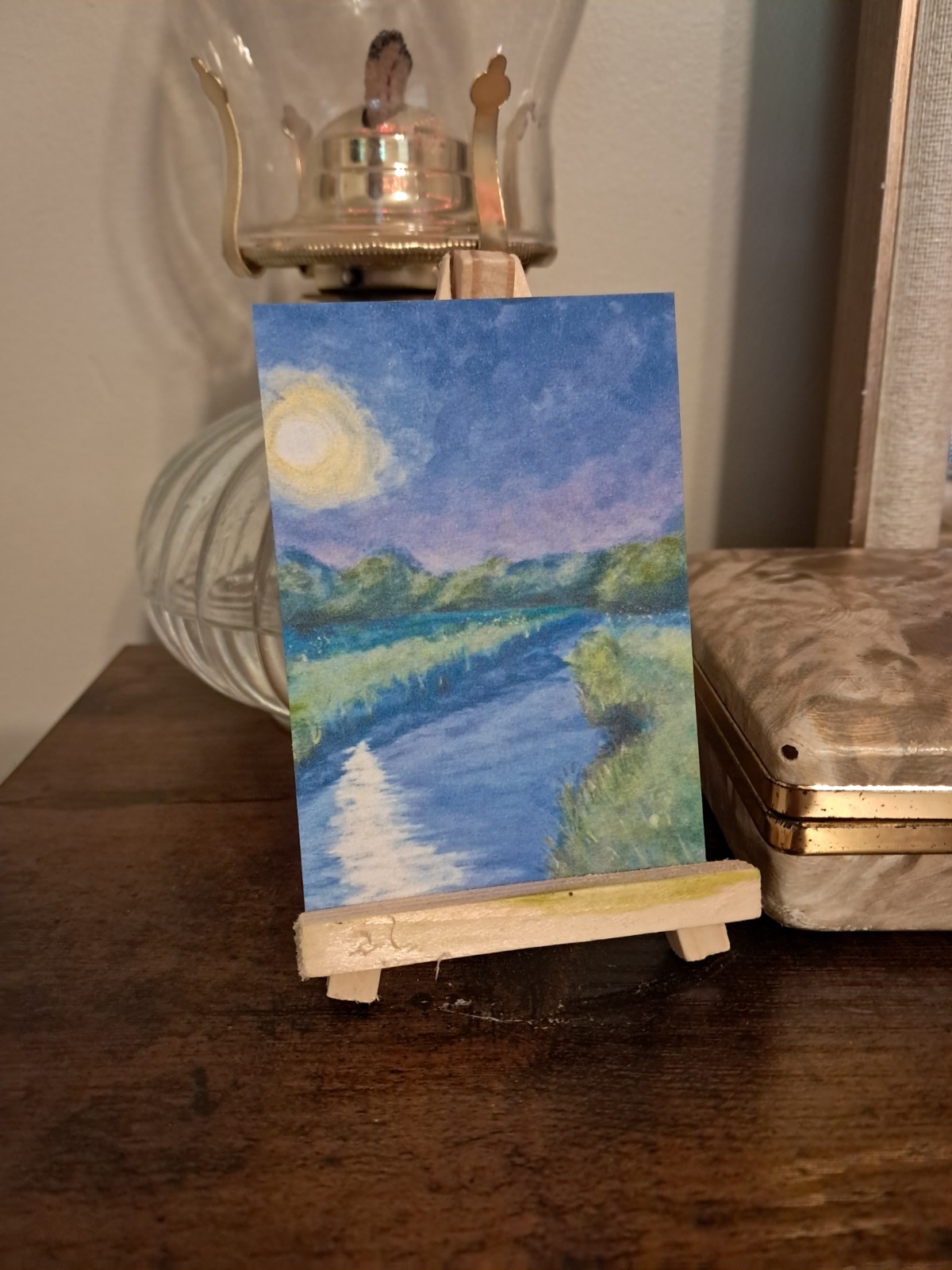 PRINT ACEO Creek Forest Full Moon Summer Painting | Heartandhorizonart
