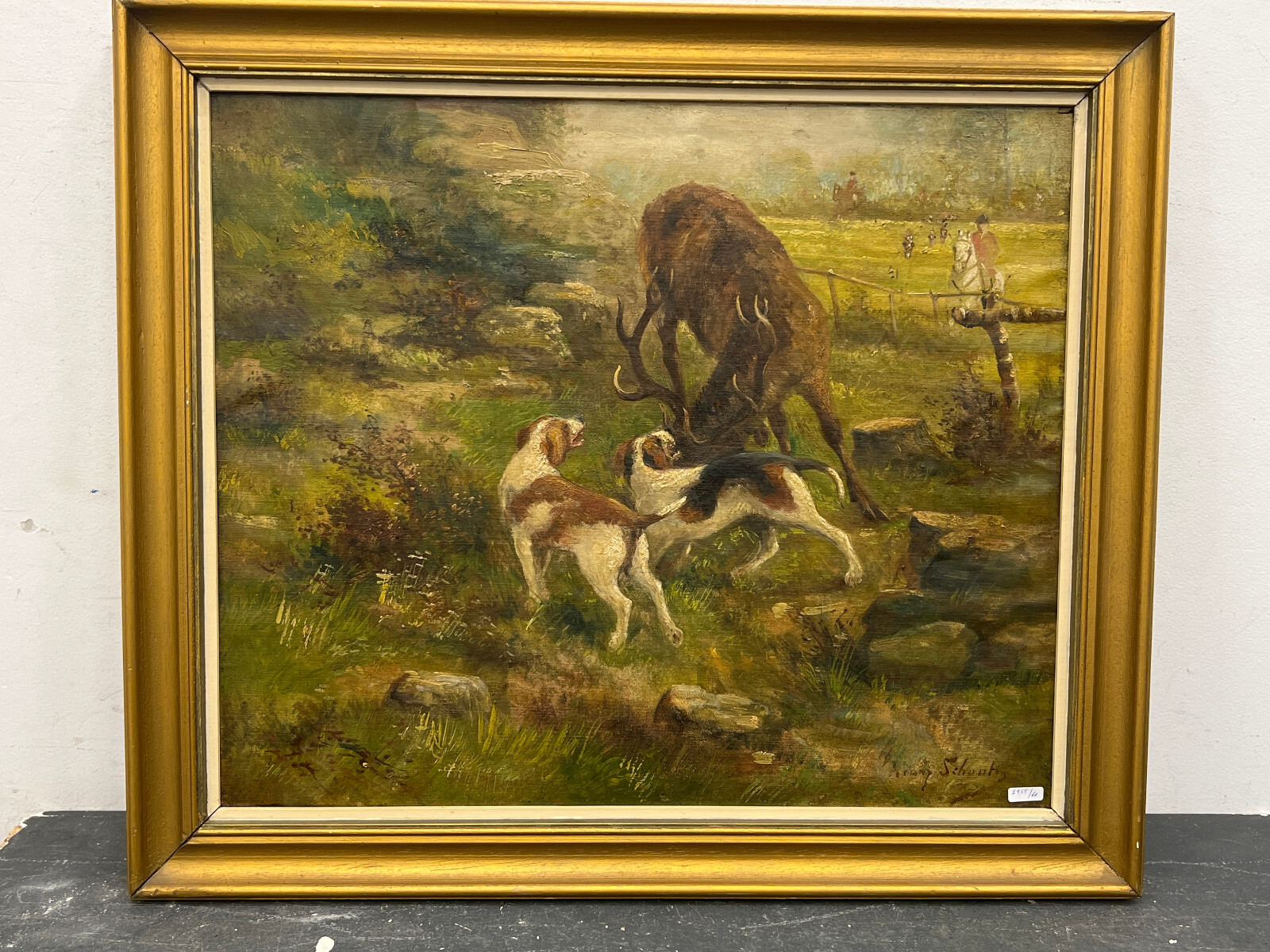 Antique Belgian henry Schouten hunt dogs flemish fields oil canvas paintingol