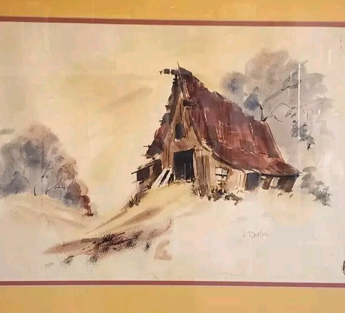 Vintage Original Barn Watercolor Painting Virginia Dicken Signed Impressionist