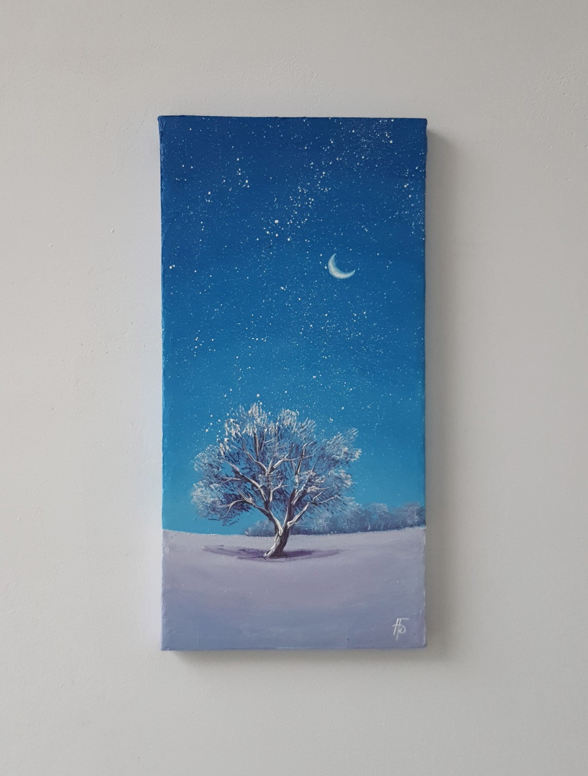 Original Oil Winter Night Painting Snow Tree Starry Sky Moon Landscape Wall Art