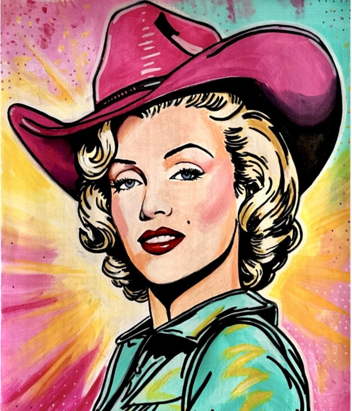 SVAR Expressive Colorful Pop Art Acrylic 14×11 on paper – Cowgirl Marilyn