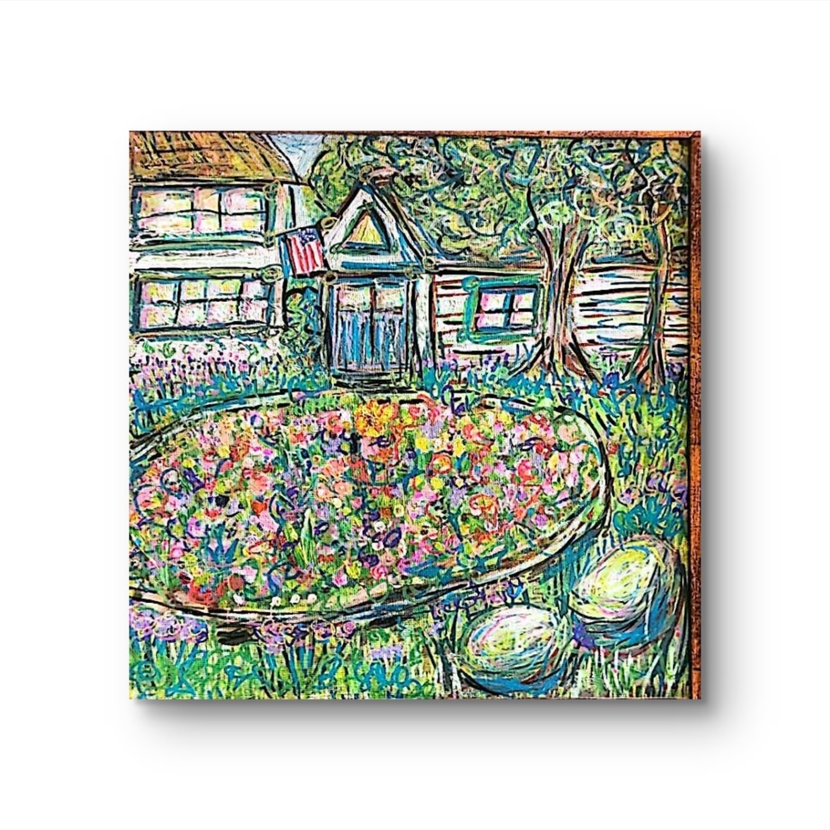 Garden Cottage Painting Framed Mixed Media Folk Impressionist 10×10
