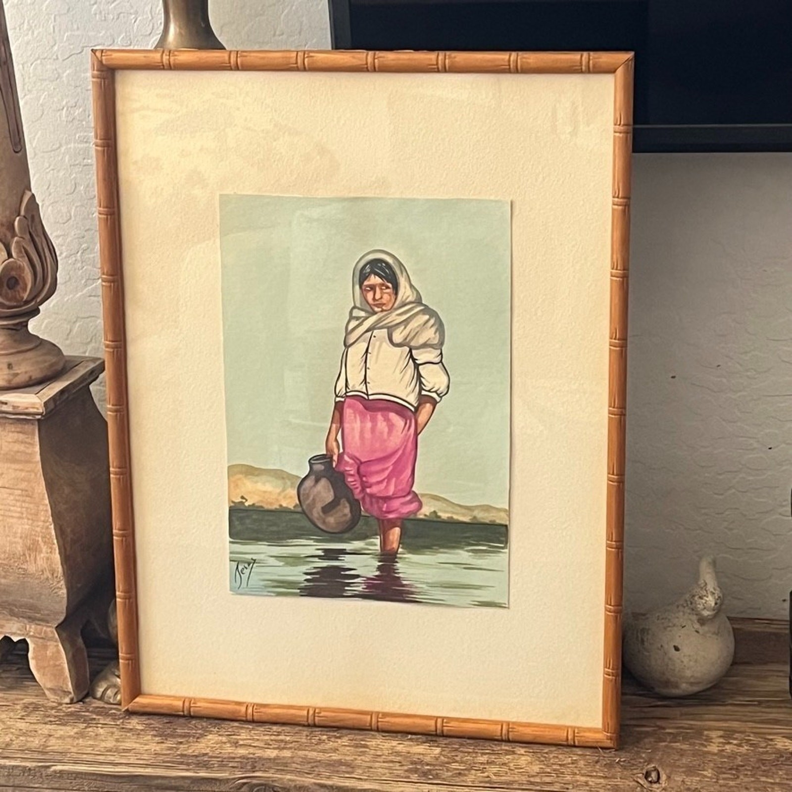 Vintage Watercolor Painting Person Carrying Jug 12.5 x 17″ Framed Artist Signed