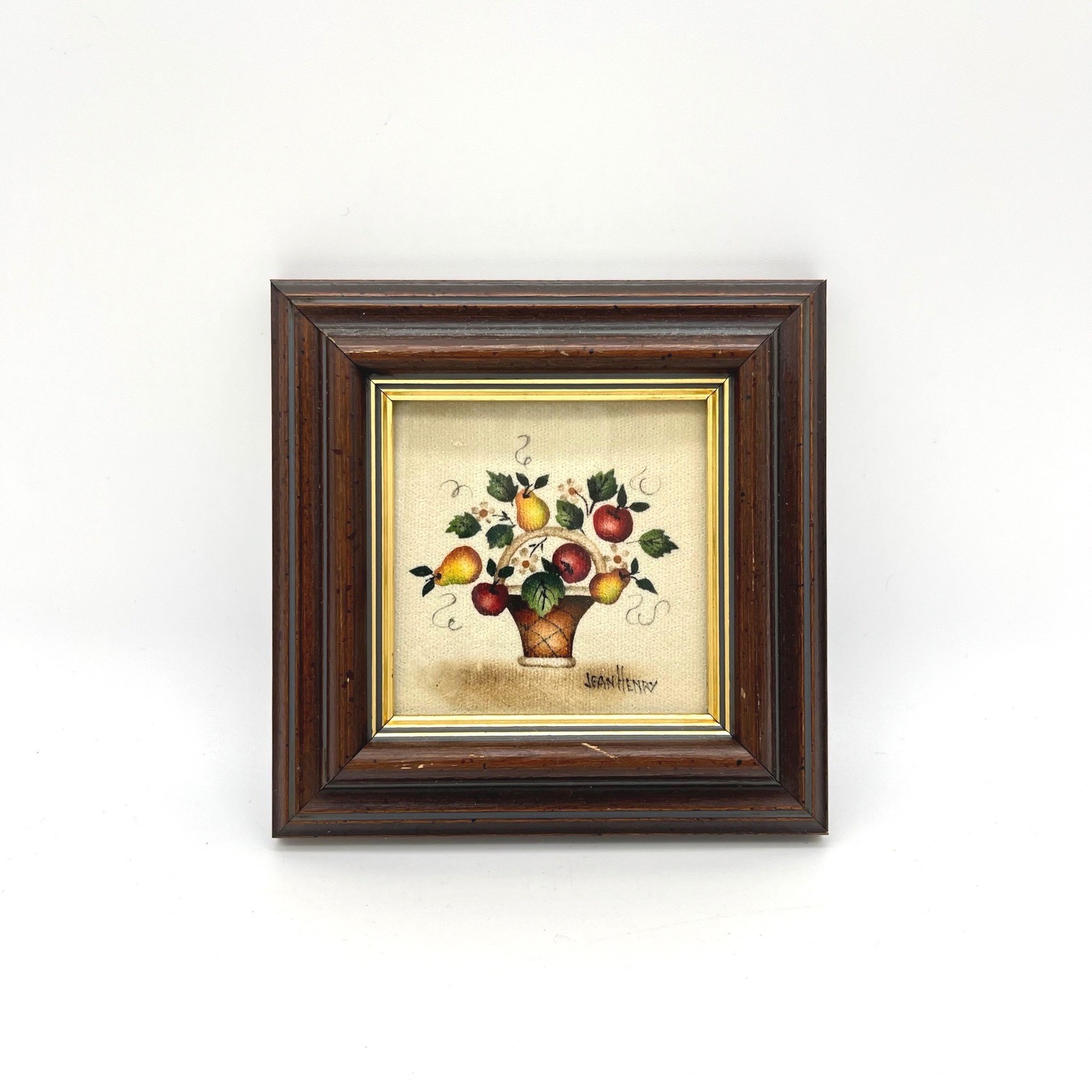 Jean Henry Miniature Folk Art Fruit Basket Signed Framed Velvet Theorem Painting