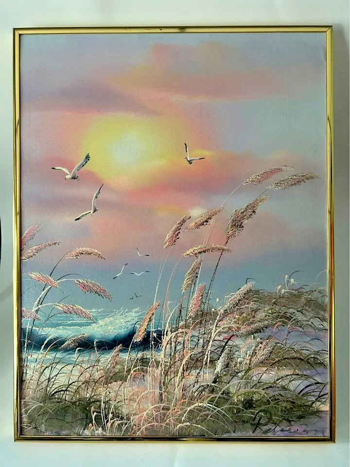 Signed OIL PAINTING Ocean BEACH Surf SEAGULLS Seaside SEASCAPE Grass DUNE Waves