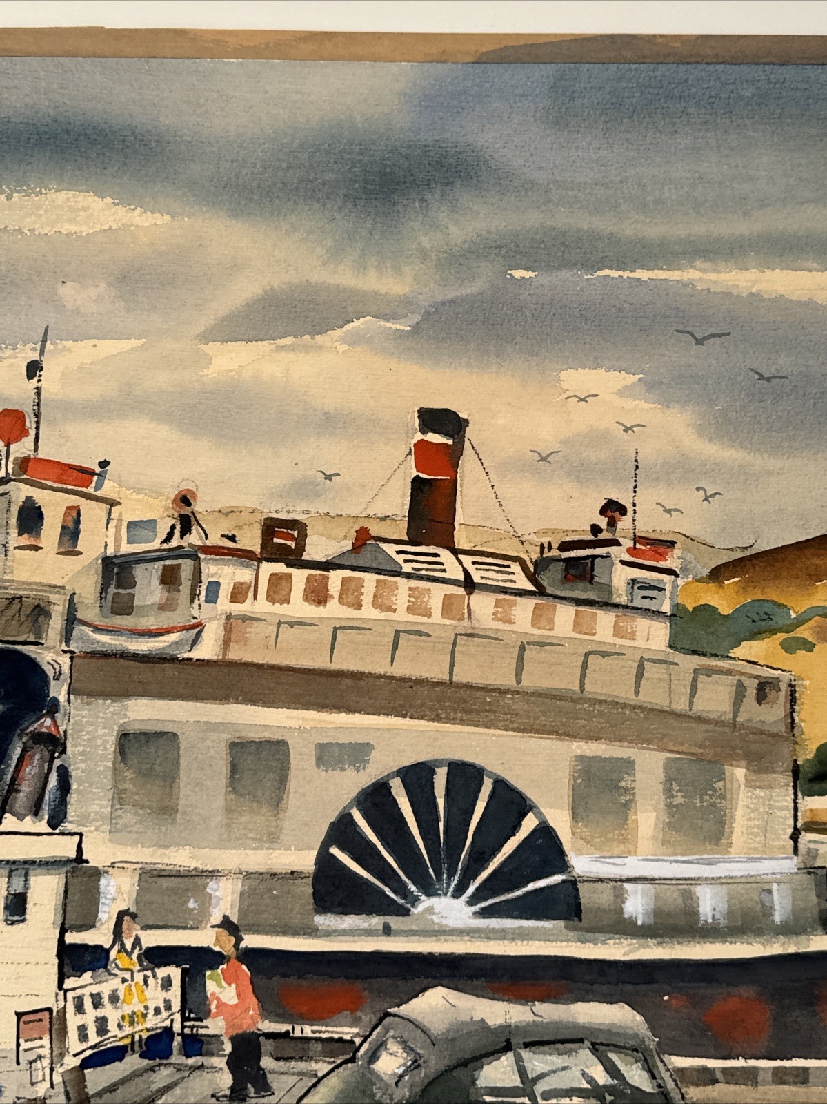 California Regionalist Painting Ferry Boat Dock Classic Car Landscape Vintage